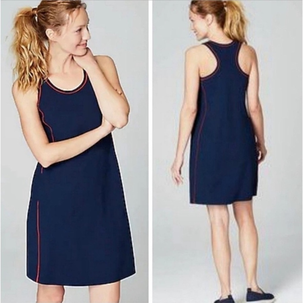 J. Jill Fit Tennis Dress Racerback Preppy Athleisure Navy Blue/Red Large Petite